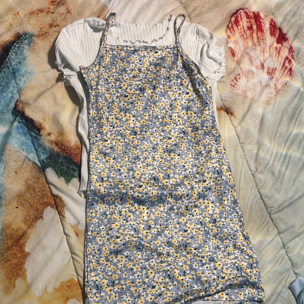 Floral Blue and Yellow Dress with White Top
